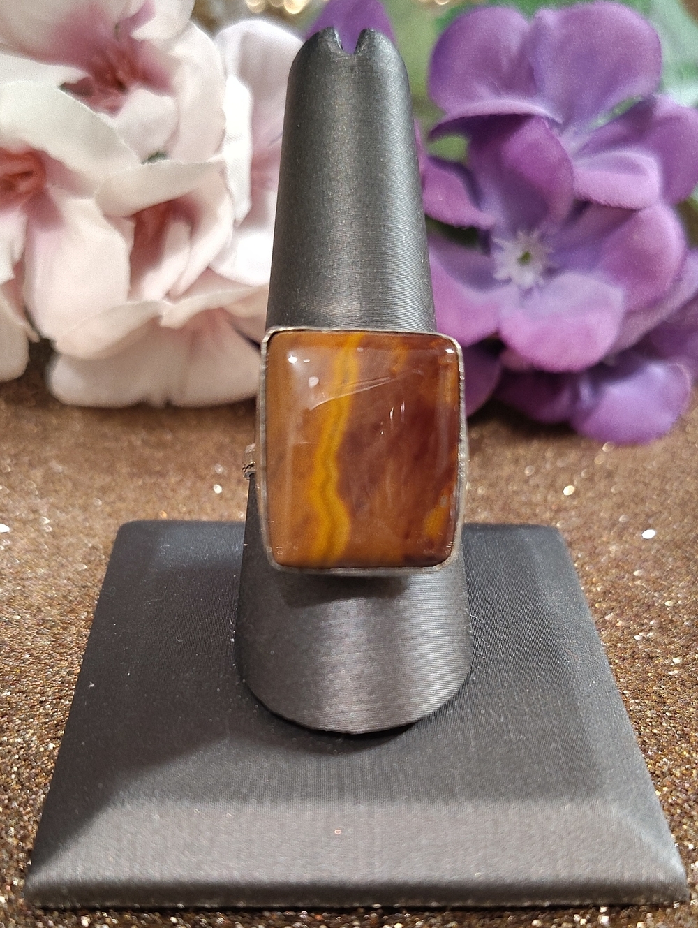 Amber Gemstone Silver Ring - Size 10
